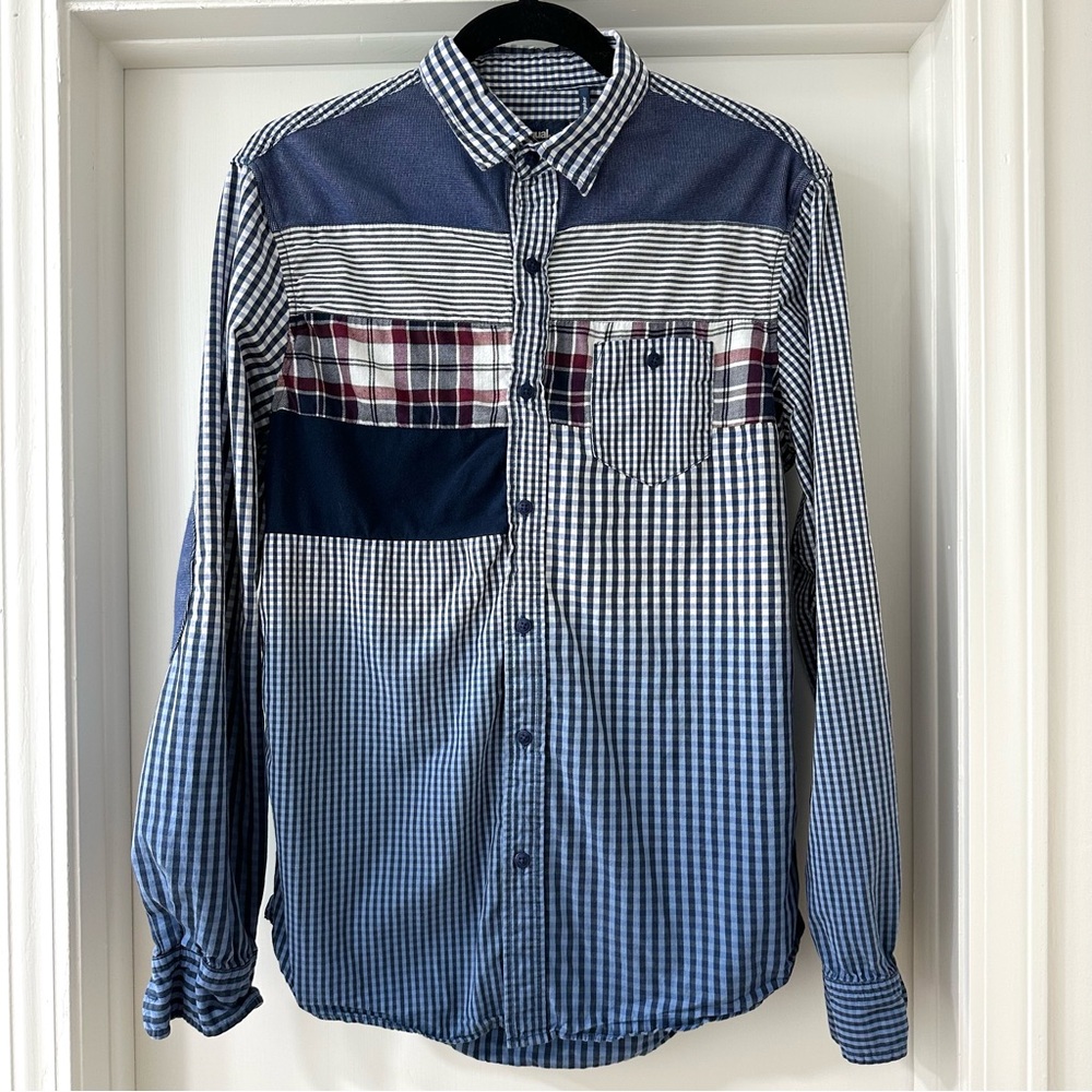 Desigual Men's Multicolor Patchwork Striped Gingham Button Down Shirt, Size M